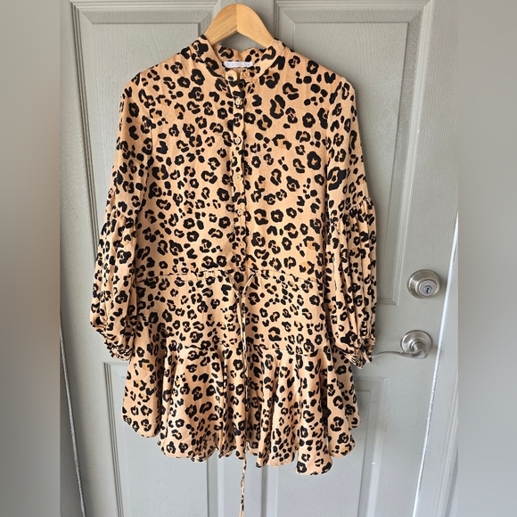 Karlie Leopard Print Popover Dress Womens Sz M Long Sleeve Tiered Drawsting - Picture 2 of 16